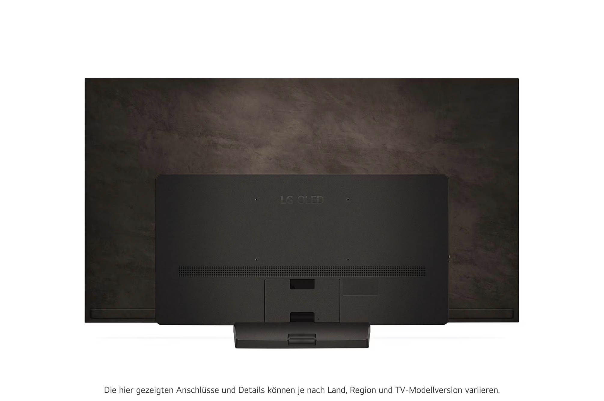 Rückansicht des LG OLED evo AI C4 4K Smart TV mit sichtbarem Standfuß und Anschlussfeld
