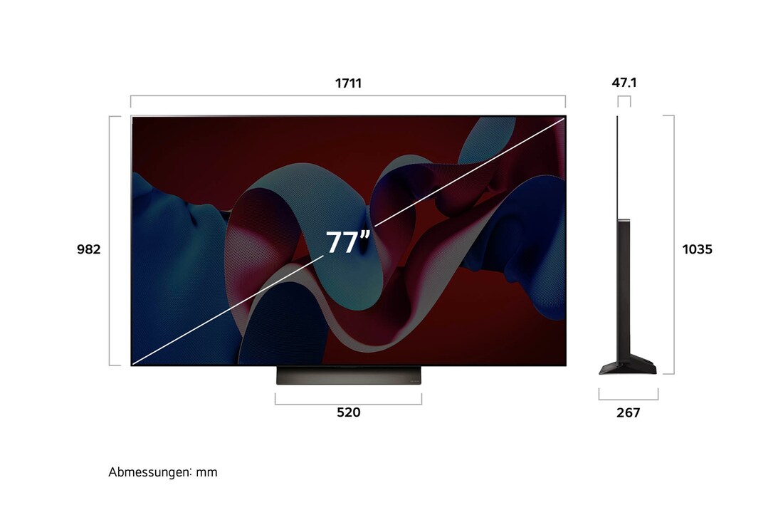 Maßzeichnung des 77-Zoll LG OLED evo AI C4 4K Smart TV mit Abmessungen in Millimetern