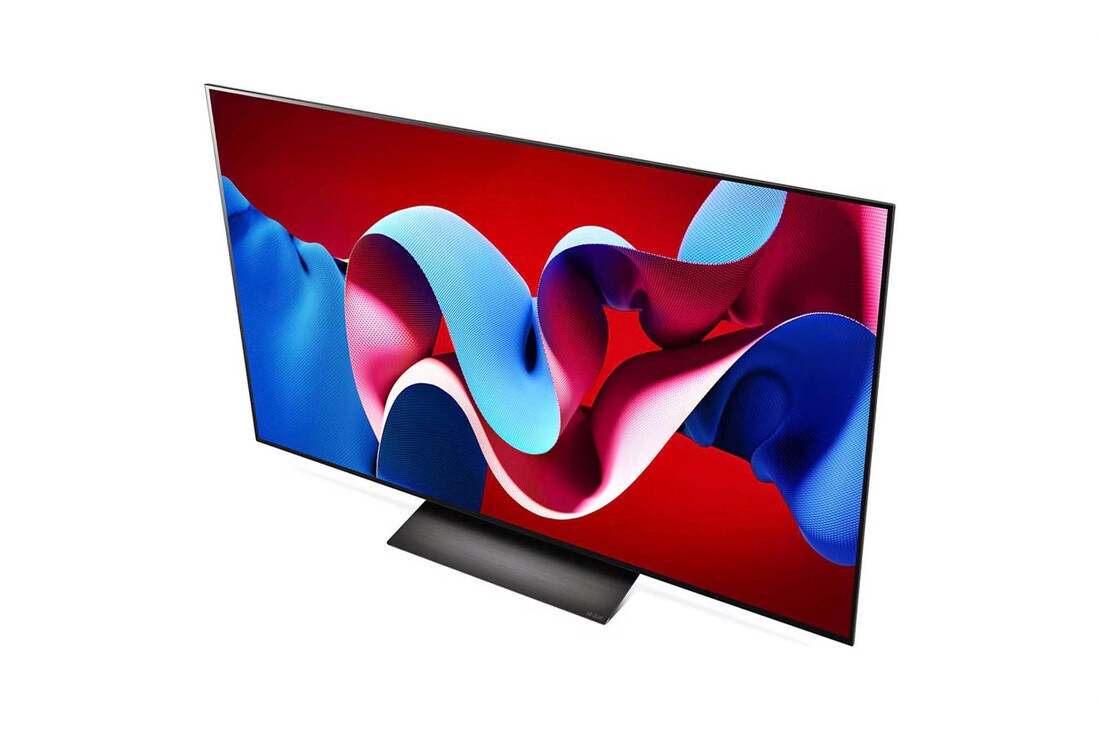 Obere Front-Schrägansicht des LG OLED evo AI C4 4K Smart TV mit flachem Profil und intensiver Farbdarstellung