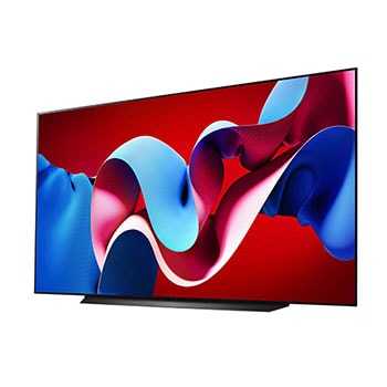 Schrägansicht von links auf den LG OLED evo AI C4 4K Smart TV mit brillanter Bilddarstellung und webOS-Branding