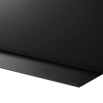 Detailaufnahme des zentralen Standfußes des LG OLED evo AI C4 4K Smart TV mit gebürsteter Oberfläche.