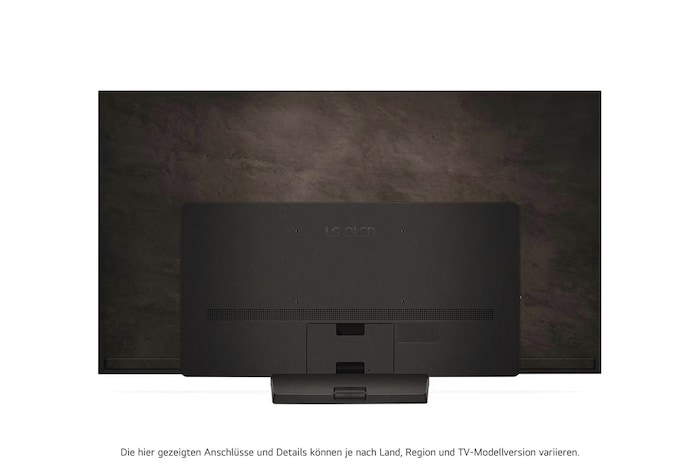 Rückansicht des LG OLED evo AI C4 4K Smart TV mit sichtbarem Standfuß und Anschlussfeld