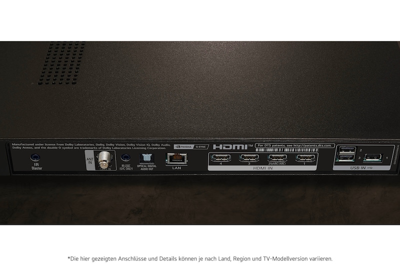 Detailaufnahme des Anschlussbereichs auf der Rückseite des LG OLED evo AI C4 4K Smart TV mit HDMI-, LAN- und USB-Ports