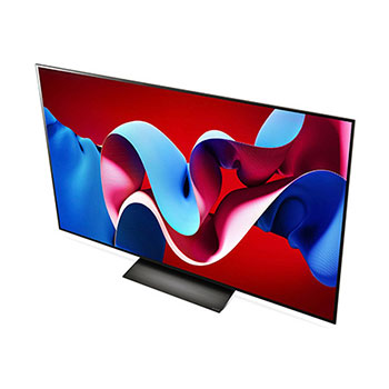 Obere Front-Schrägansicht des LG OLED evo AI C4 4K Smart TV mit flachem Profil und intensiver Farbdarstellung