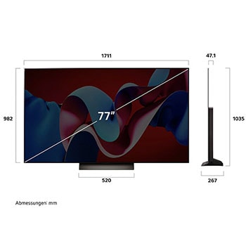 Maßzeichnung des 77-Zoll LG OLED evo AI C4 4K Smart TV mit Abmessungen in Millimetern