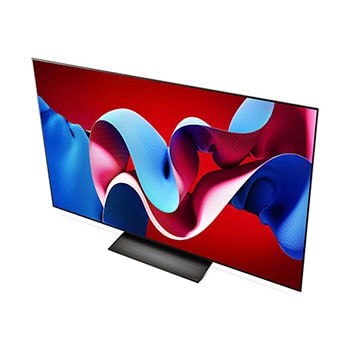 Obere Front-Schrägansicht des LG OLED evo AI C4 4K Smart TV mit flachem Profil und intensiver Farbdarstellung