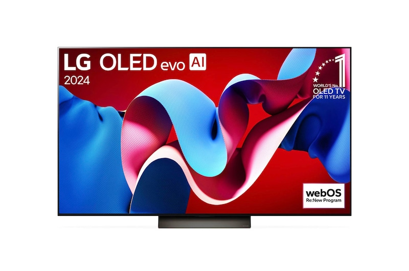 Frontansicht des LG OLED evo AI C4 4K Smart TV mit lebendigem abstraktem Farbmuster auf rotem Hintergrund