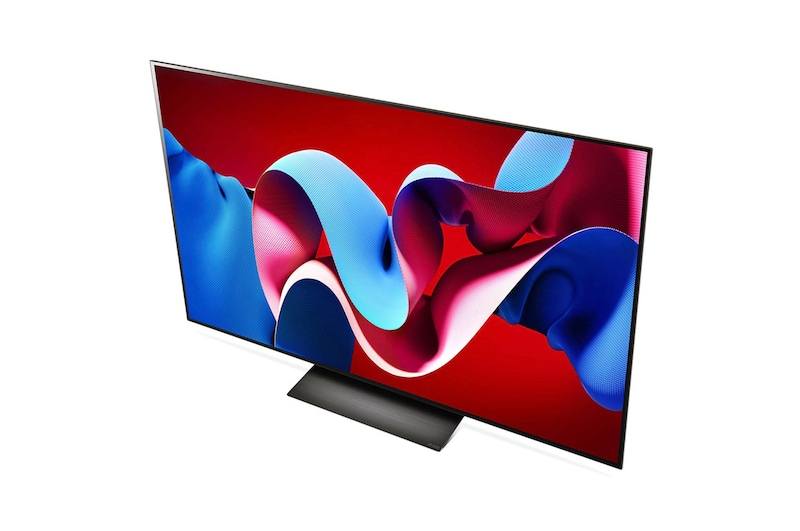 Obere Front-Schrägansicht des LG OLED evo AI C4 4K Smart TV mit flachem Profil und intensiver Farbdarstellung