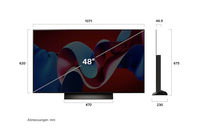Maßzeichnung des 48-Zoll LG OLED evo AI C4 4K Smart TV mit Abmessungen in Millimetern