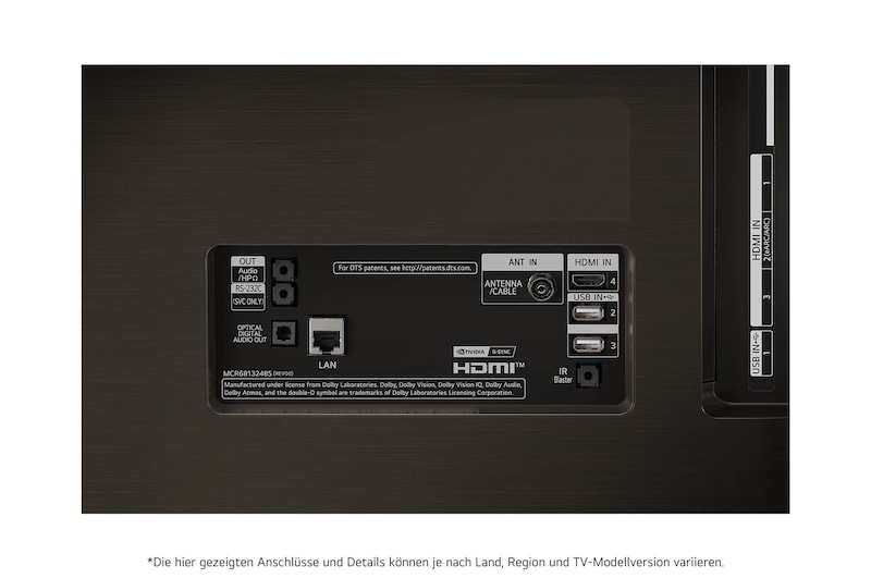 Nahaufnahme des unteren Anschlussbereichs des LG OLED evo AI C4 4K Smart TV mit HDMI-, USB-, LAN- und Antenneneingängen.