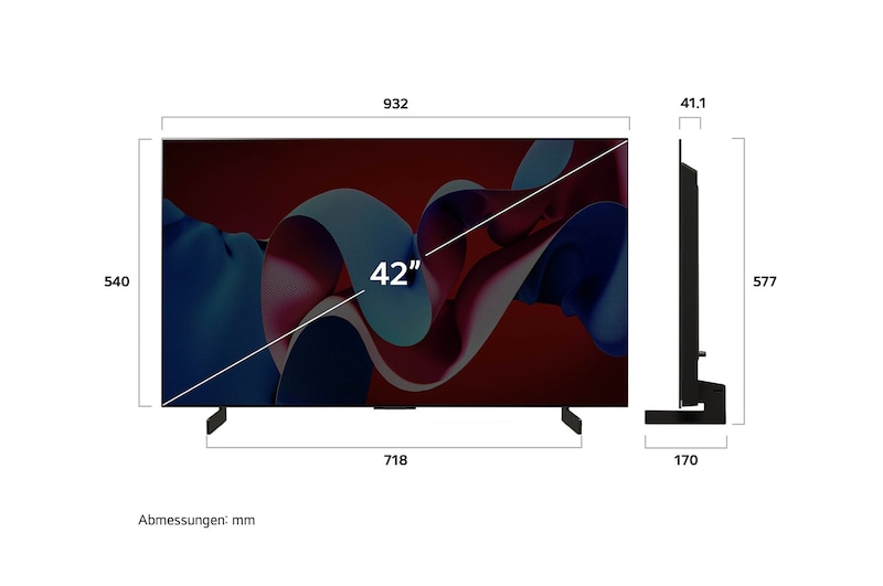Abmessungen des 42" LG OLED evo AI C4: Breite 932 mm, Höhe 577 mm, Tiefe 41,1 mm, Standfuß: 718×170 mm.