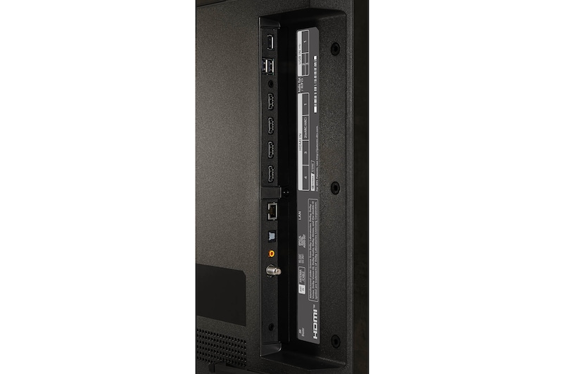 Detailansicht der seitlichen Anschlussfelder des LG OLED evo AI C4 4K Smart TV mit HDMI, USB, LAN und Antenneneingang.