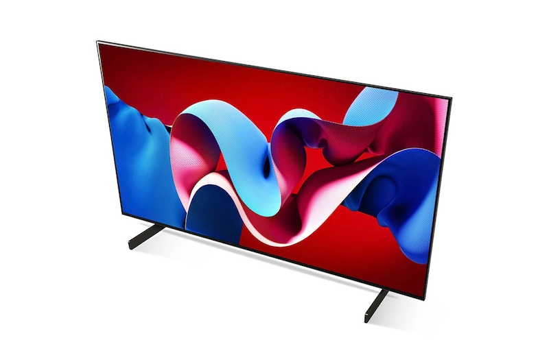 Ansicht von oben links auf den LG OLED evo AI C4 4K Smart TV mit sichtbaren Standfüßen.