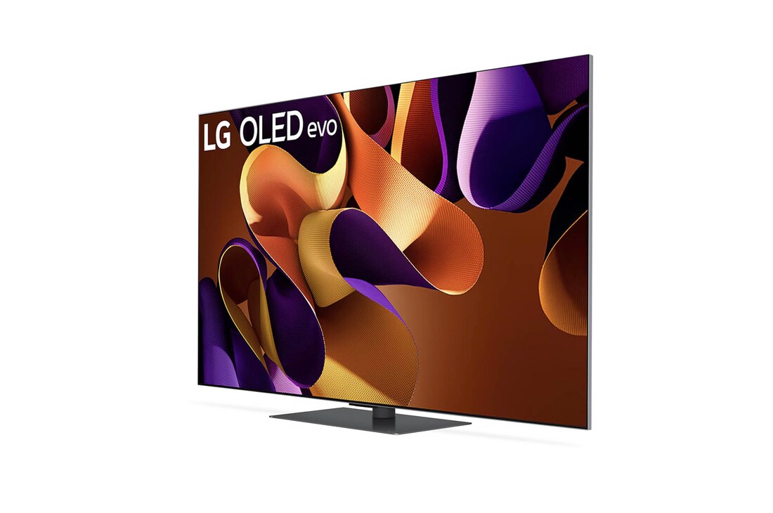 Linke Seitenansicht des LG OLED evo AI G4 4K Smart TV auf Standfuß mit besonders schlankem Profil