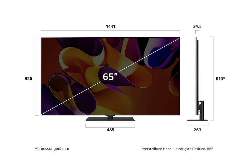 Maßzeichnung des LG OLED evo AI G4 4K Smart TV mit Breite, Höhe und Tiefe in mm inklusive Standfuß.