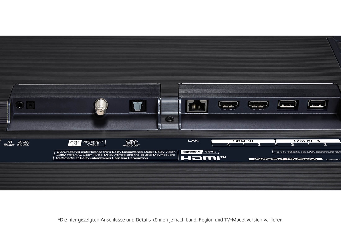 Nahaufnahme der Rückseite des LG OLED evo AI G4 4K Smart TV mit HDMI-, LAN-, USB- und Antenneneingängen.