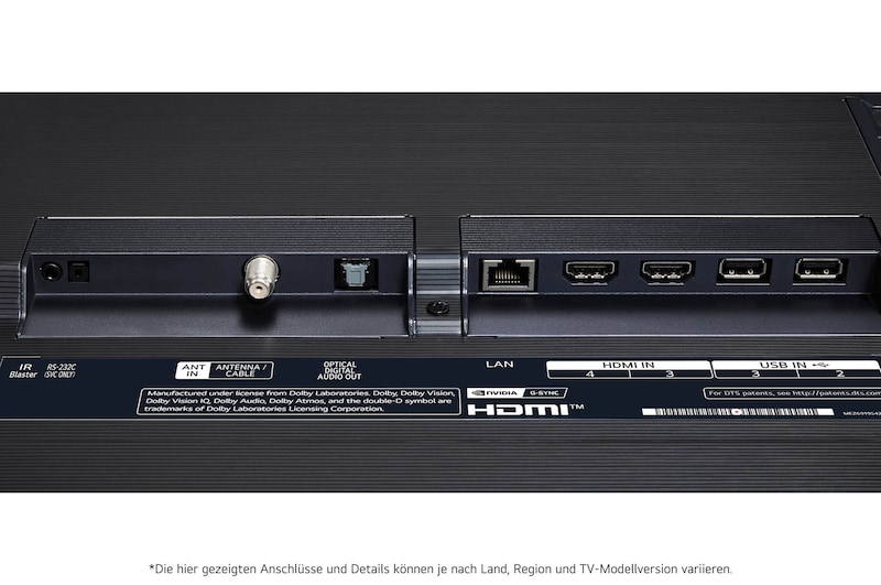 Nahaufnahme der Rückseite des LG OLED evo AI G4 4K Smart TV mit HDMI-, LAN-, USB- und Antenneneingängen.