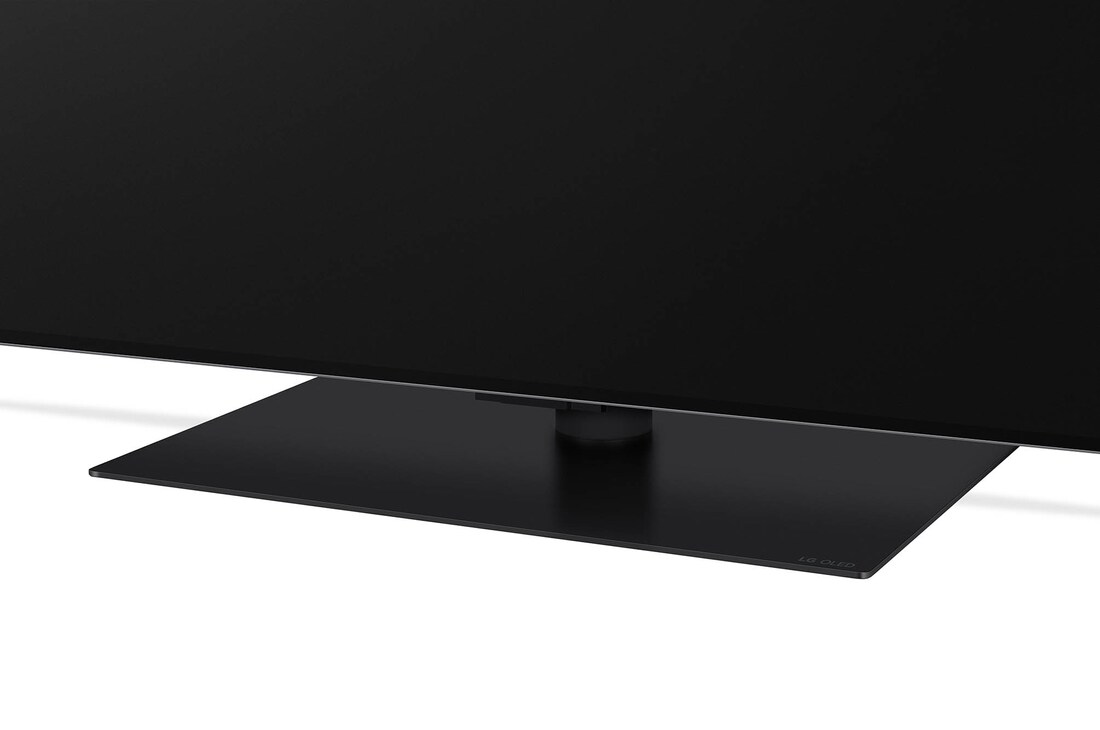 Detailaufnahme des Premium-Standfußes des LG OLED evo AI G4 4K Smart TV aus Frontansicht.