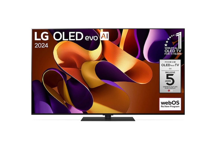 Vorderansicht des LG OLED evo AI G4 4K Smart TV mit leuchtenden Bandgrafiken und wichtigen Feature-Labels.