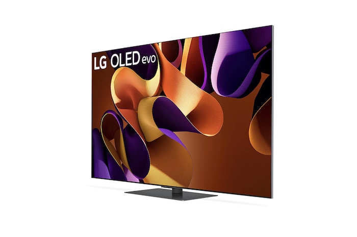 Linke Seitenansicht des LG OLED evo AI G4 4K Smart TV auf Standfuß mit besonders schlankem Profil