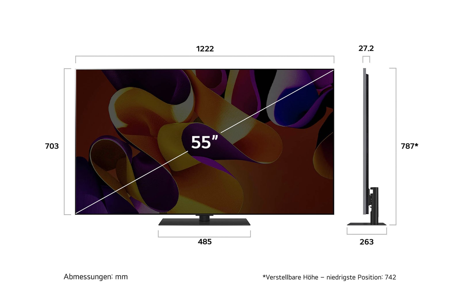 Maßzeichnung des LG OLED evo AI G4 4K Smart TV mit Breite, Höhe und Tiefe in mm inklusive Standfuß.