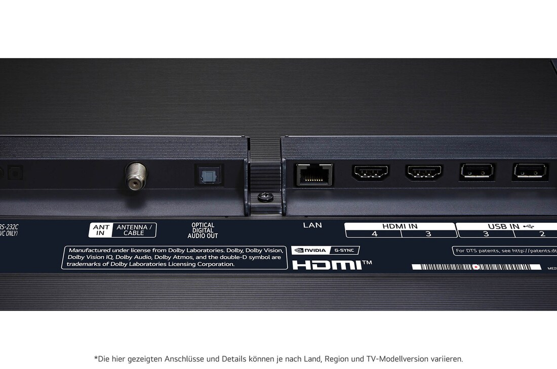 Nahaufnahme der Rückseite des LG OLED evo AI G4 4K Smart TV mit HDMI-, LAN-, USB- und Antenneneingängen.