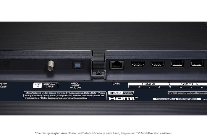Nahaufnahme der Rückseite des LG OLED evo AI G4 4K Smart TV mit HDMI-, LAN-, USB- und Antenneneingängen.
