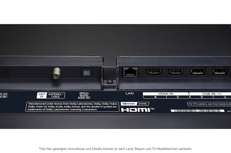 Nahaufnahme der Rückseite des LG OLED evo AI G4 4K Smart TV mit HDMI-, LAN-, USB- und Antenneneingängen.