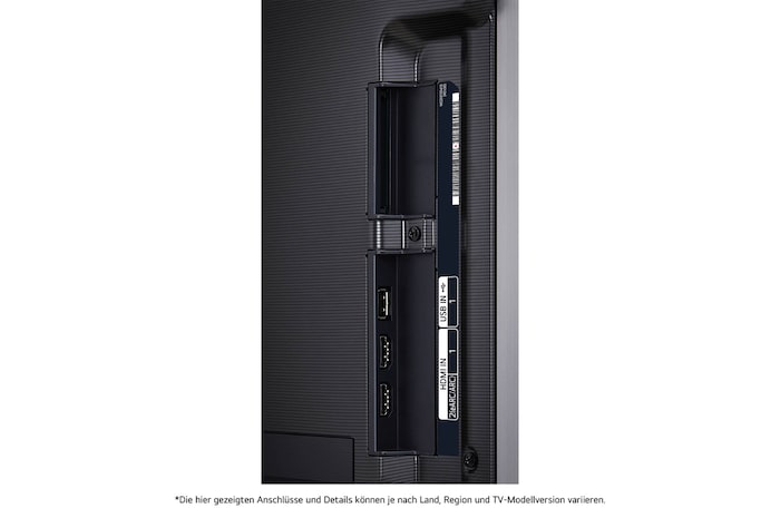 Seitliche Nahaufnahme der HDMI- und USB-Anschlüsse am LG OLED evo AI G4 4K Smart TV.