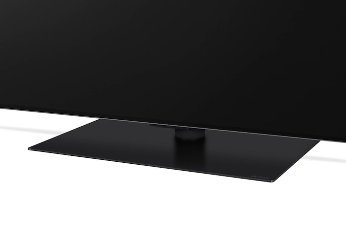 Detailaufnahme des Premium-Standfußes des LG OLED evo AI G4 4K Smart TV aus Frontansicht.