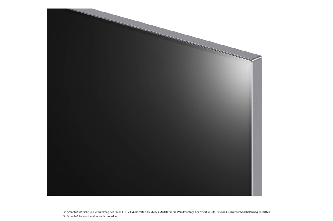 Nahaufnahme der oberen Ecke des LG OLED evo AI G4 4K Smart TV mit Metallrahmen und dünnem Rand.