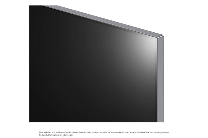 Nahaufnahme der oberen Ecke des LG OLED evo AI G4 4K Smart TV mit Metallrahmen und dünnem Rand.