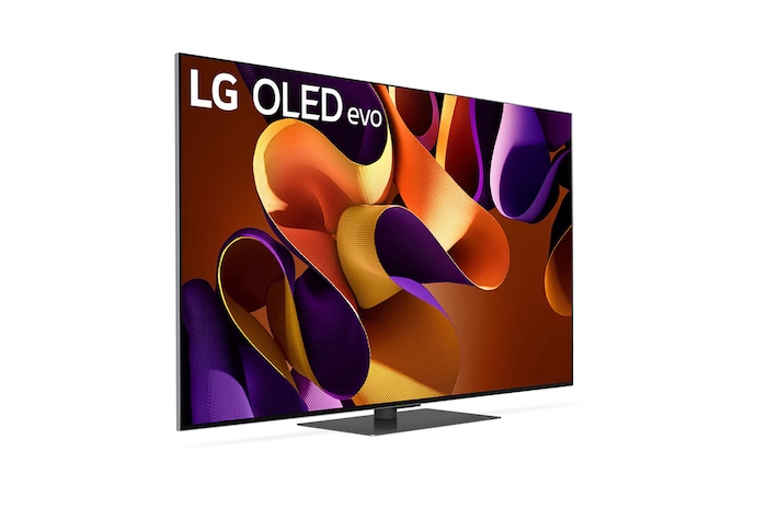 Rechte Seitenansicht des LG OLED evo AI G4 4K Smart TV auf Standfuß mit extrem schlankem Design