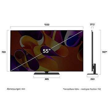 Maßzeichnung des LG OLED evo AI G4 4K Smart TV mit Breite, Höhe und Tiefe in mm inklusive Standfuß.