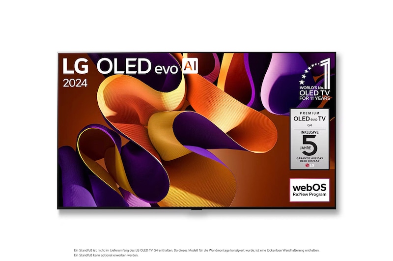 Frontansicht des an der Wand montierten LG OLED evo AI G4 4K Smart TV mit lebendigem Kunstwerk und KI-optimiertem 4K-Display