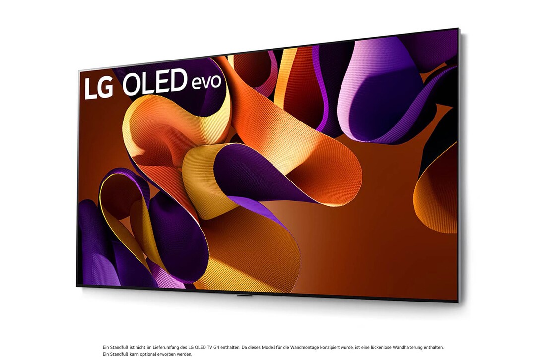 LG OLED evo AI G4 4K Smart Wand-TV aus linkem Blickwinkel mit randlosem, ultraschlankem Design
