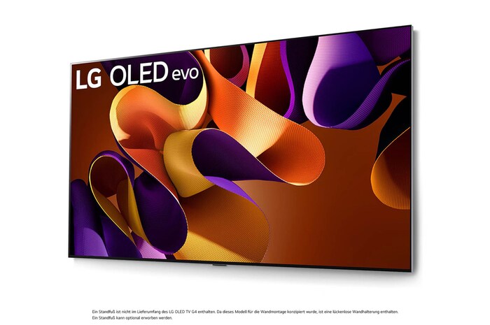 LG OLED evo AI G4 4K Smart Wand-TV aus linkem Blickwinkel mit randlosem, ultraschlankem Design