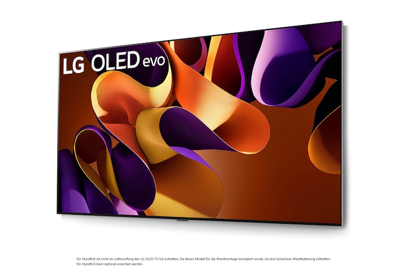 LG OLED evo AI G4 4K Smart Wand-TV aus linkem Blickwinkel mit randlosem, ultraschlankem Design