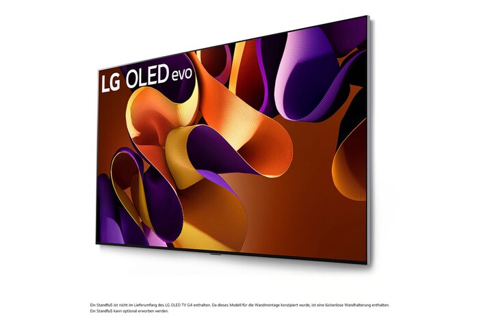LG OLED evo AI G4 4K Smart Wand-TV aus stärker geneigtem linken Blickwinkel mit nahtloser Wandintegration und beeindruckendem Bildschirm