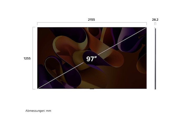 Abmessungen des LG OLED evo AI G4 4K Smart Wand-TVs: 2155 x 1225 x 28,2 mm mit 97 Zoll Bildschirm
