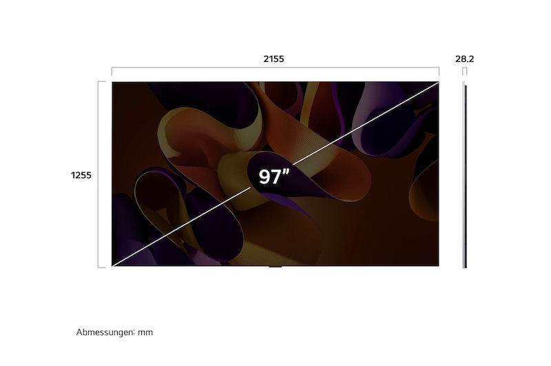 Abmessungen des LG OLED evo AI G4 4K Smart Wand-TVs: 2155 x 1225 x 28,2 mm mit 97 Zoll Bildschirm