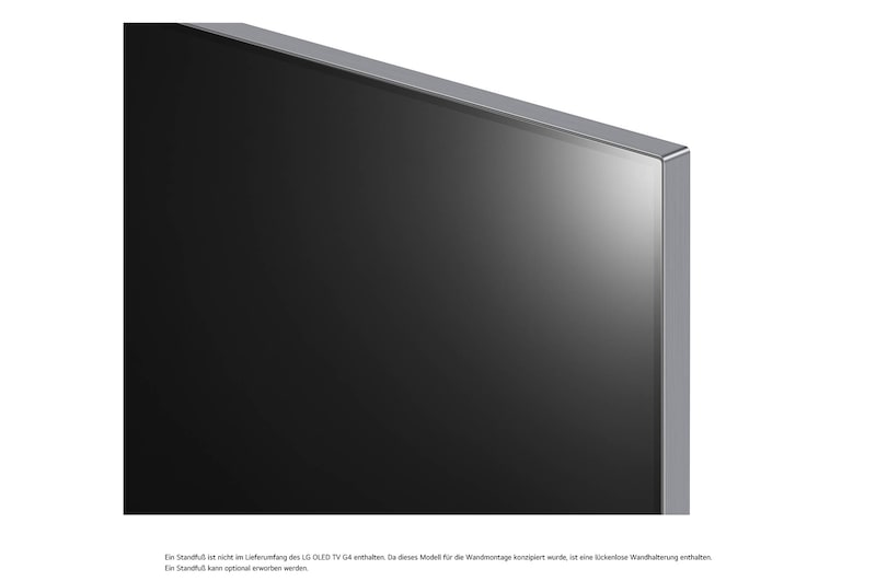 Schrägansicht der Ecke des LG OLED evo AI G4 4K Smart Wand-TVs mit Metallrahmen und minimalistischer Ästhetik