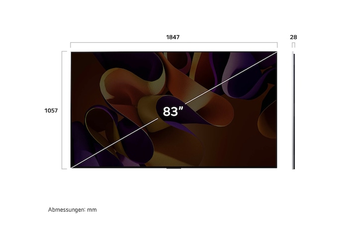 Abmessungen des LG OLED evo AI G4 4K Smart Wand-TVs: 2155 x 1225 x 28,2 mm mit 97 Zoll Bildschirm