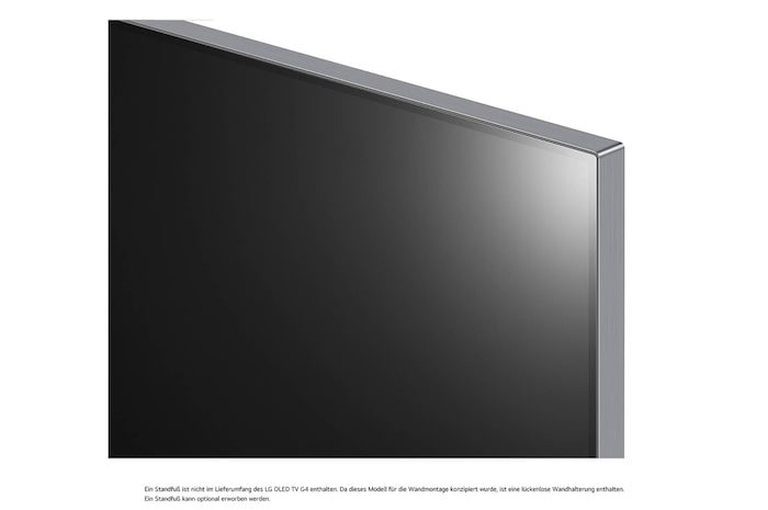 Schrägansicht der Ecke des LG OLED evo AI G4 4K Smart Wand-TVs mit Metallrahmen und minimalistischer Ästhetik