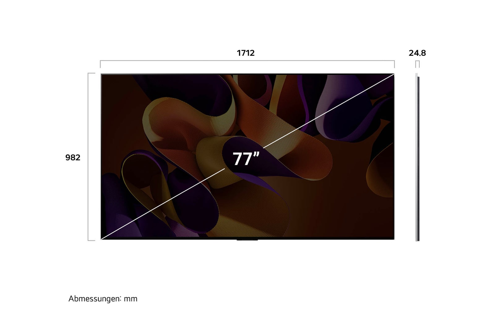 Abmessungen des LG OLED evo AI G4 4K Smart Wand-TVs: 2155 x 1225 x 28,2 mm mit 97 Zoll Bildschirm