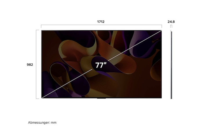 Abmessungen des LG OLED evo AI G4 4K Smart Wand-TVs: 2155 x 1225 x 28,2 mm mit 97 Zoll Bildschirm