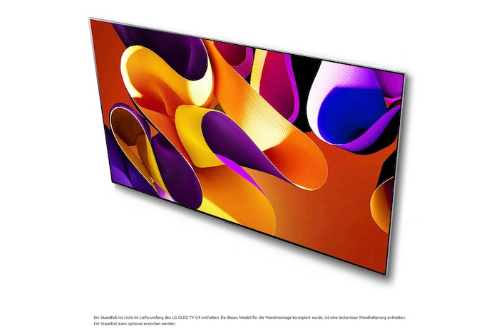 Linker Winkel des LG OLED evo AI G4 4K Smart Wand-TVs mit nahezu unsichtbarem Rahmen und ultraschlanker Form