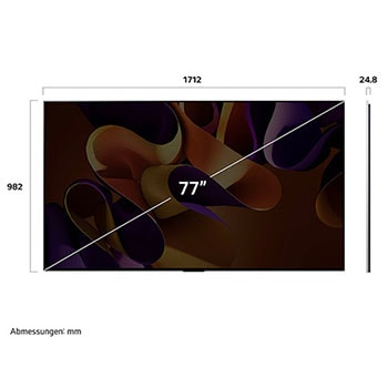 Abmessungen des LG OLED evo AI G4 4K Smart Wand-TVs: 2155 x 1225 x 28,2 mm mit 97 Zoll Bildschirm