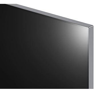 Schrägansicht der Ecke des LG OLED evo AI G4 4K Smart Wand-TVs mit Metallrahmen und minimalistischer Ästhetik