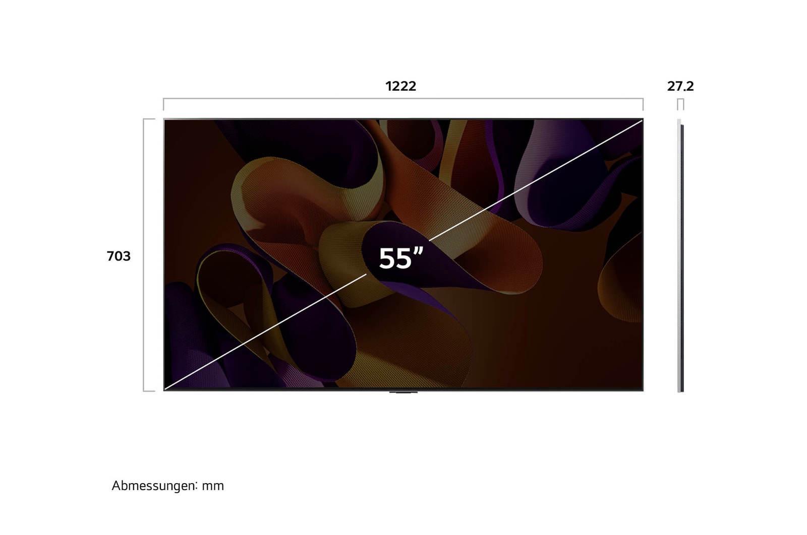 Abmessungen des LG OLED evo AI G4 4K Smart Wand-TVs: 1222 x 703 x 27,2 mm mit 55 Zoll Bildschirm